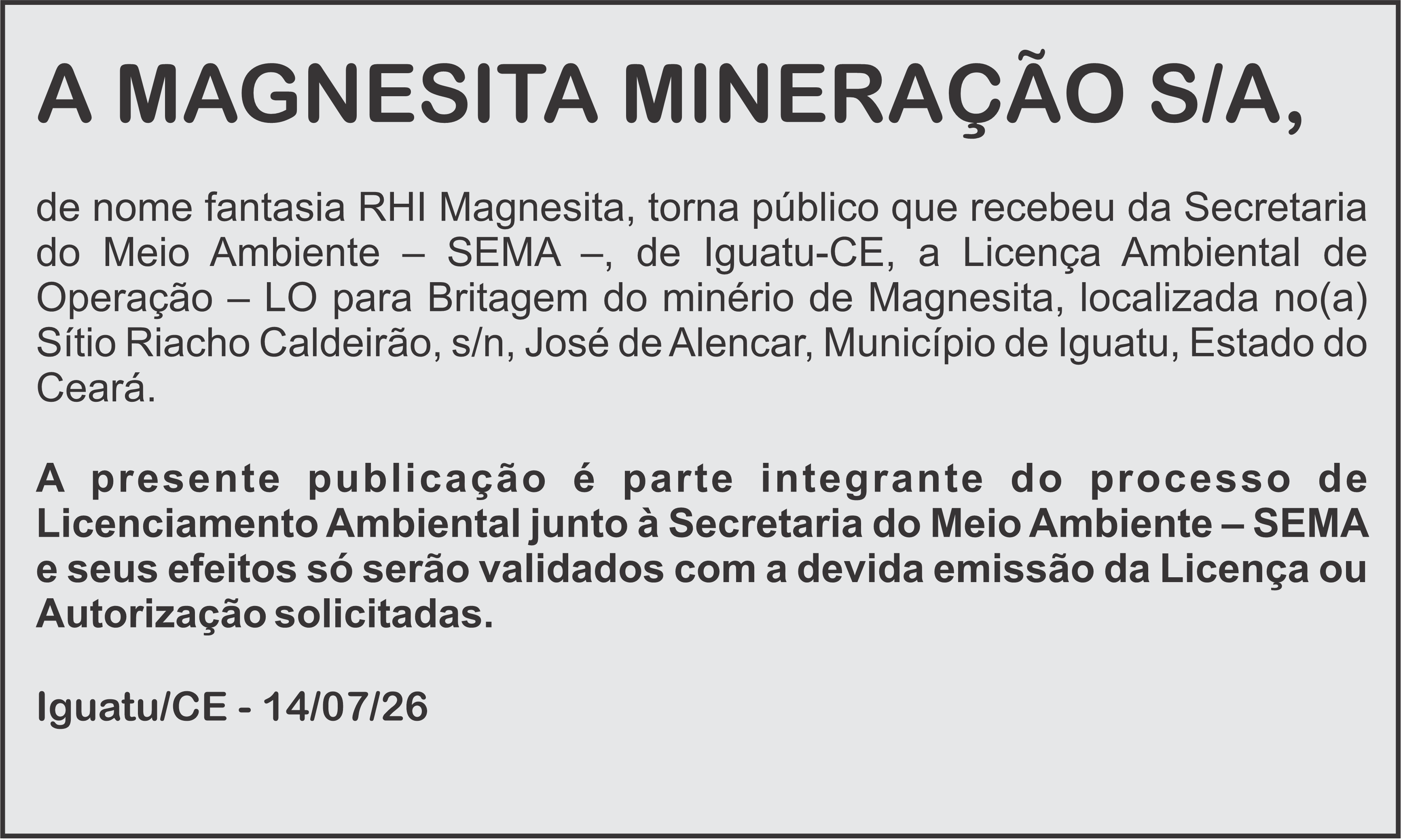 EDITAL: MAGNESITA MINERAÇÃO S/A