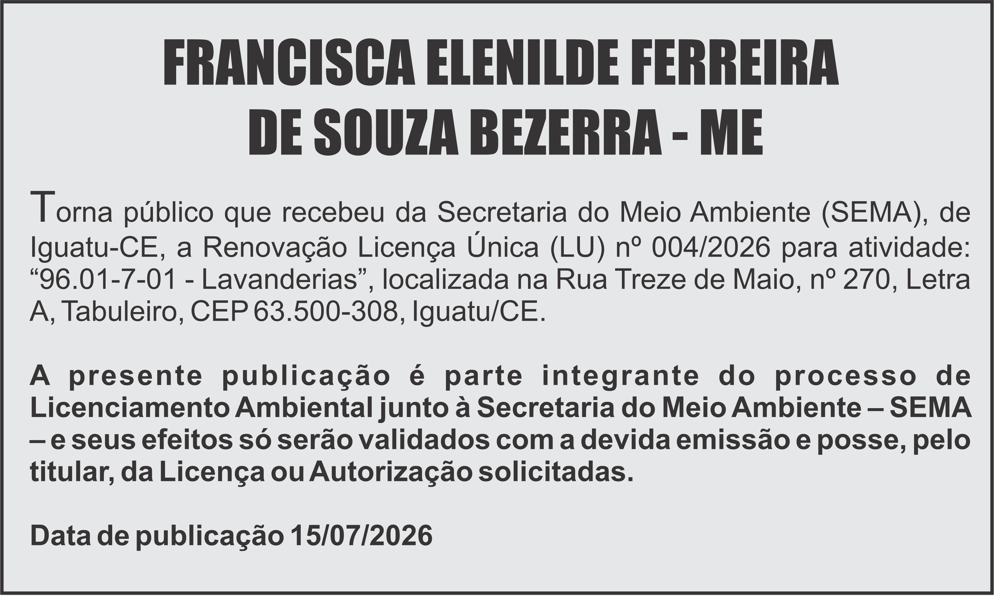 EDITAL: FRANCISCA ELENILDE FERREIRA DE SOUZA BEZERRA - ME