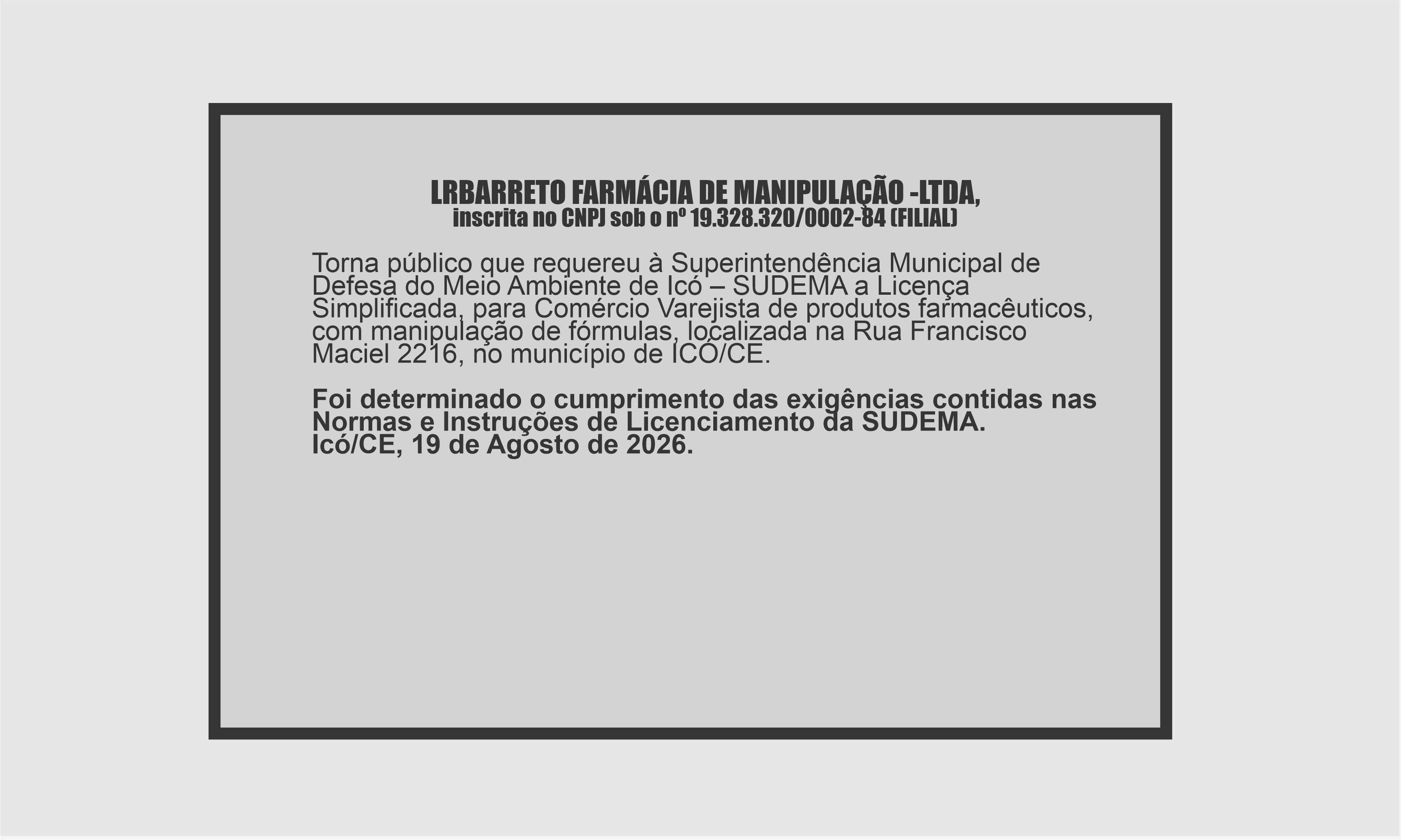 EDITAL: LRBARRETO FARMACIA DE MANIPULAÇÃO -LTDA