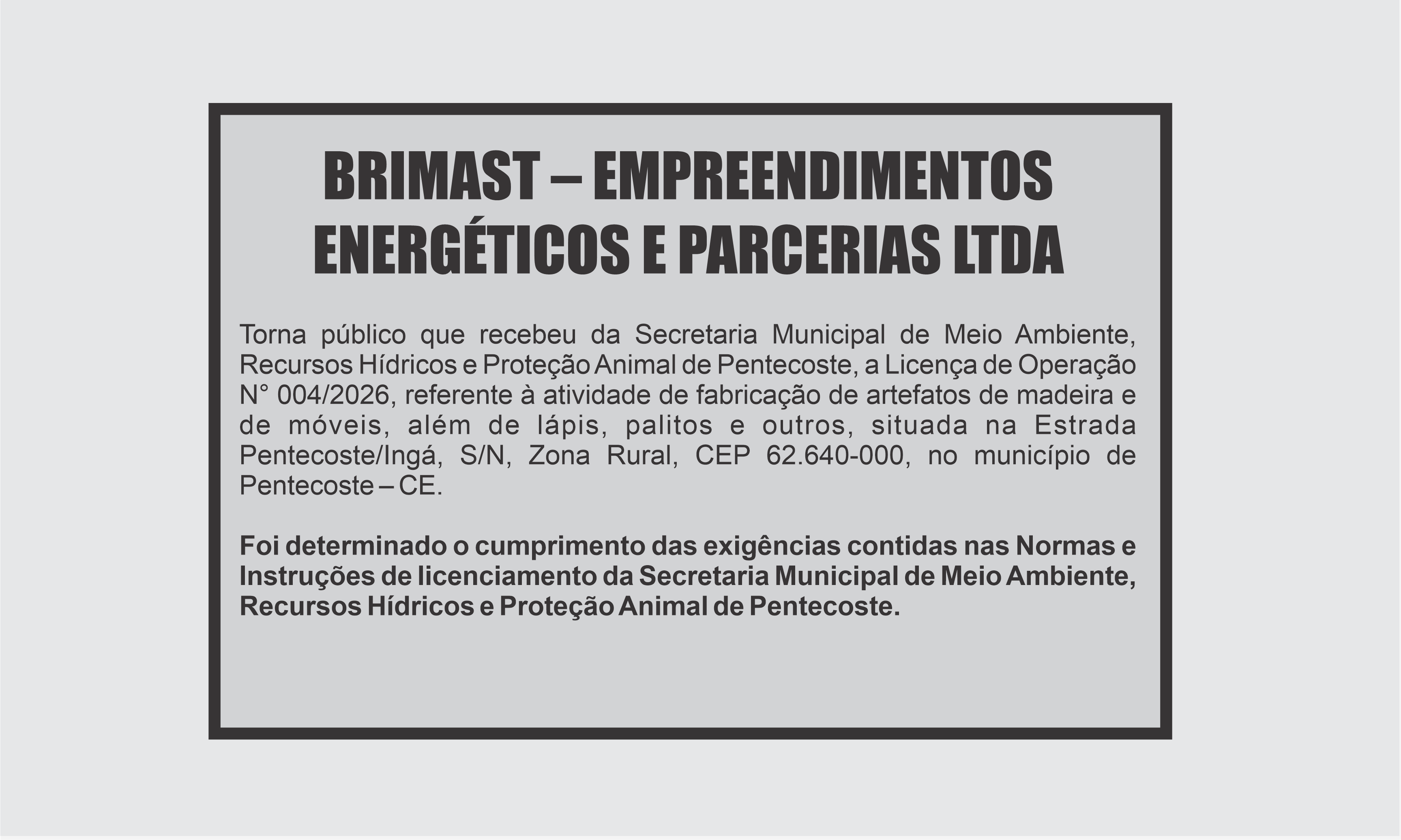 EDITAL: BRIMAST – EMPREENDIMENTOS ENERGÉTICOS E PARCERIAS LTDA