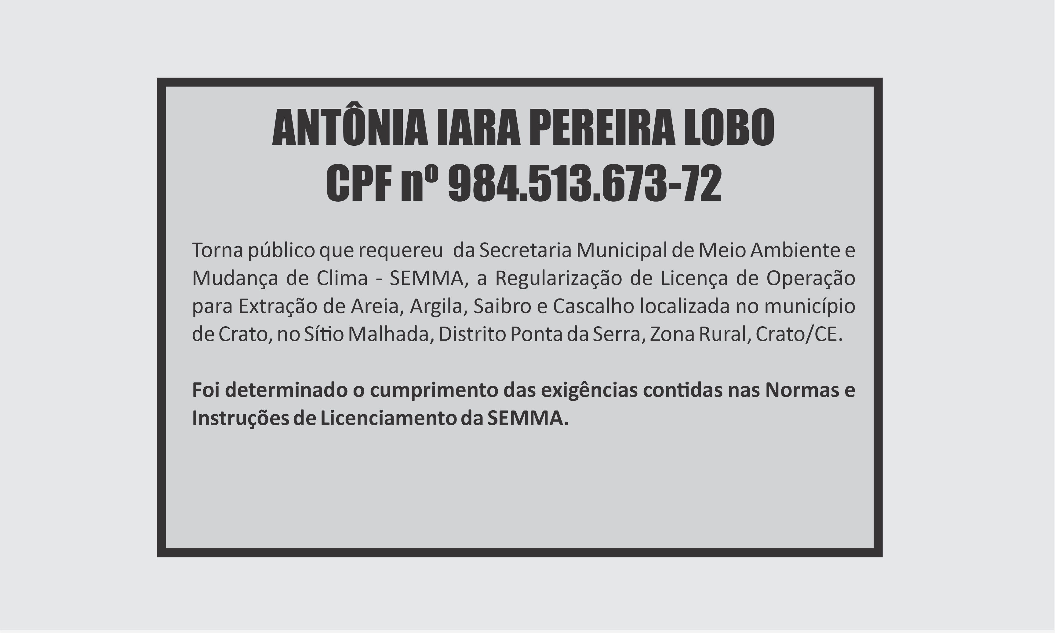 EDITAL:  ANTÔNIA IARA PEREIRA LOBO