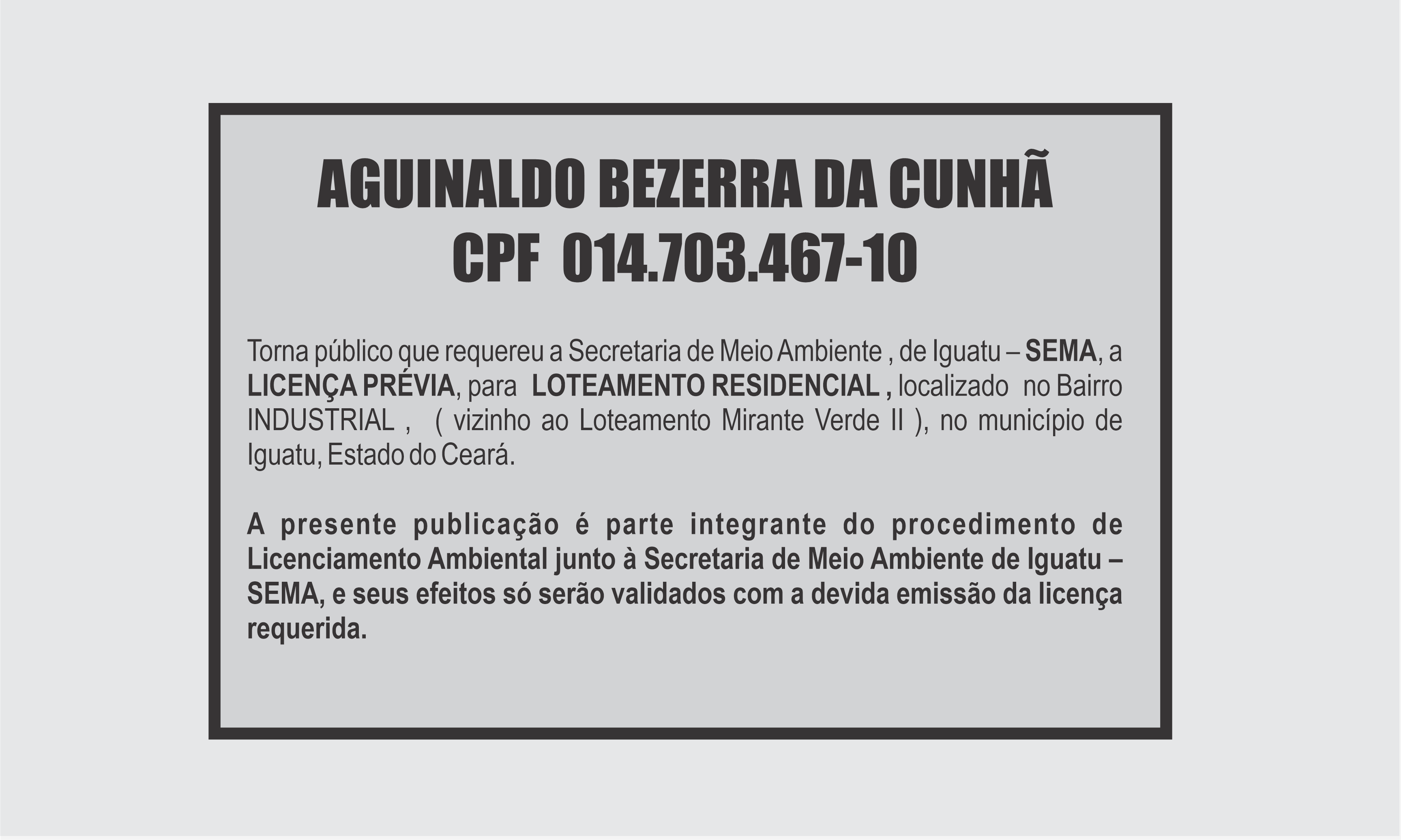 EDITAL:    AGUINALDO BEZERRA DA CUNHÃ